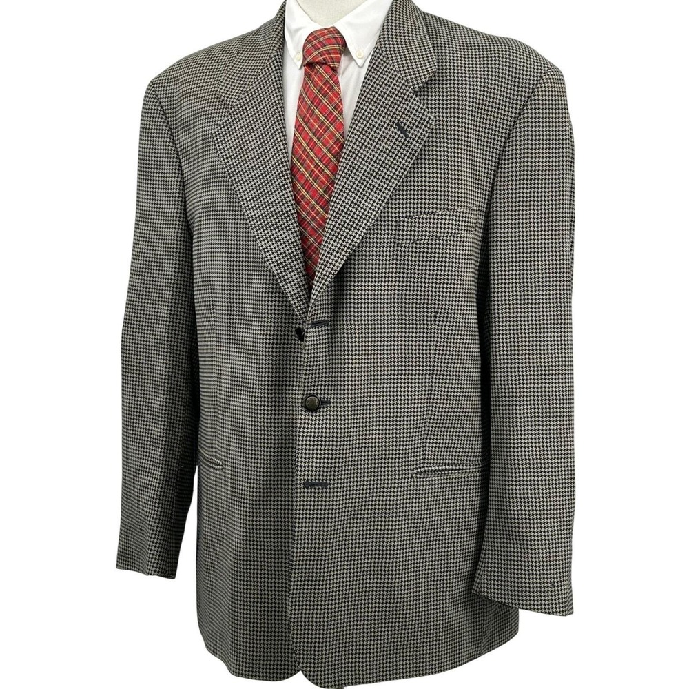 Mens Vintage Sport Coat Navy Tan Houndstooth Wool Blazer Italy Galliani 48 50